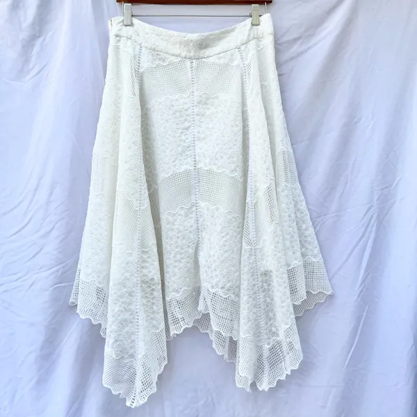 Vintage | Mid-Rise Lace Crochet Asymmetrical Midi Skirt In White Size Large - Image 7