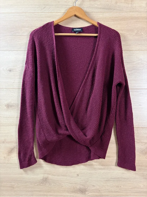 Express Women's Burgundy Wine Twist-Front Knit Layering Sweater XS - Image 3
