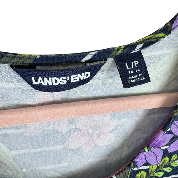Lands' End‎ Navy Floral Striped Dolman Sleeve Belted Cotton Midi Dress Size L - Image 6