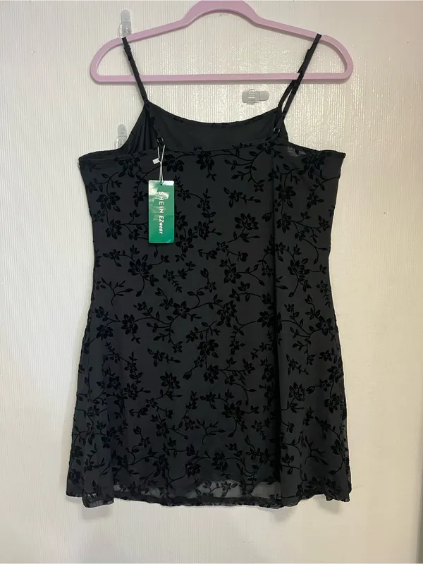 SHEIN Black Floral Flocked Mesh Midi Dress - Image 5