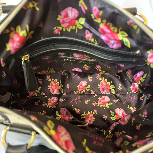 Betsey Johnson Blue Bow Faux Leather Floral Stripe Dome Satchel Bag Handbag - Image 4