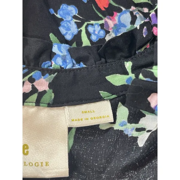 Maeve Anthropologie Dark Floral Butterfly Ruffle Short Sleeve Top Button Front S - Image 6