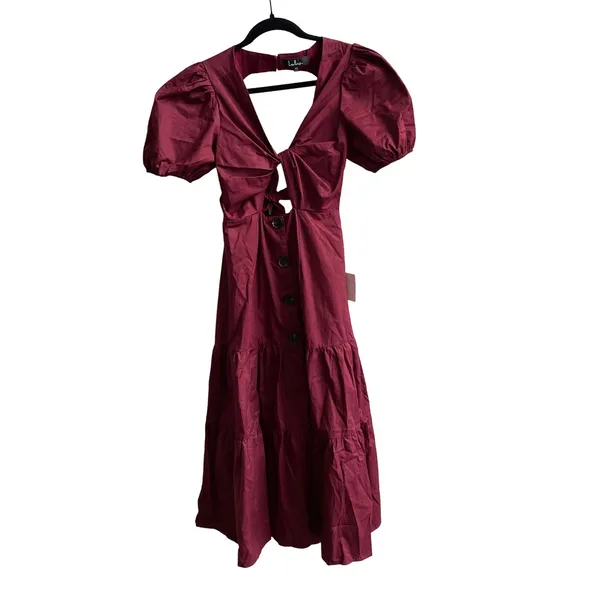 Lulus Midi Dress Wmns XS Burgundy Cottagecore Puff Sleeve Tiered Back Cutout Tie - Image 3