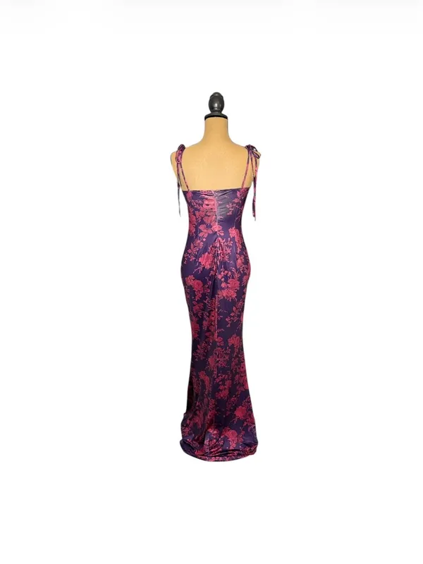 Marthea Floral Mermaid Maxi Dress M Purple Pink Bodycon Y2K Slip Spaghetti Strap - Image 5