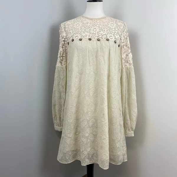 Anthropologie Ivory Verb Josephine Boho Lace Tunic Long Sleeve Mini Dress Small - Image 4