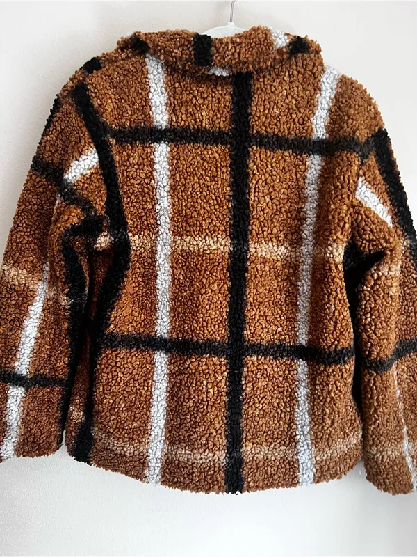 Stoosh Brown Plaid Teddy Sherpa Zip Jacket Size M - Image 4
