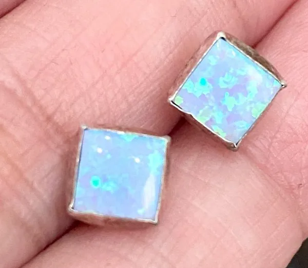925 Sterling Silver Blue Opal Square Small Stud Earrings - Image 7