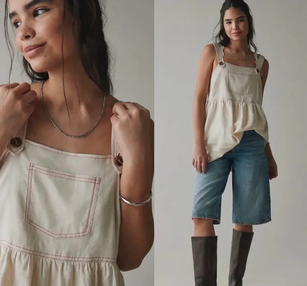 Anthropologie NWT ReMADE By UO Made In LA EcoVero™ Cream Linen Shortall Button-Straps Dress S - Image 3
