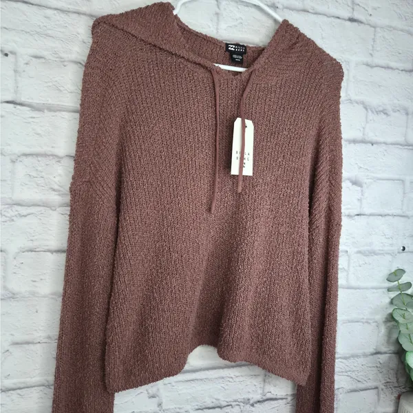 NWT Billabong Hot Beachin Cropped Hooded Knit Sweater Mauve Brown M slouchy fall - Image 5