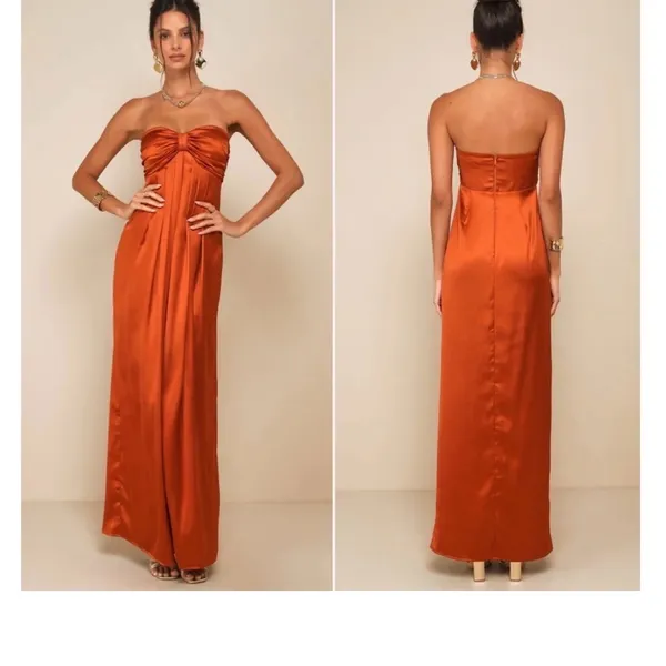 Lulu's Strapless Satin Maxi Dress in Burnt Orange - Image 2