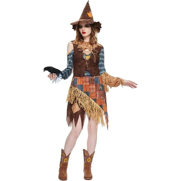 EraSpooky Women's Wicked Scarecrow Halloween Costume Straw Dress & Hat SMALL - Image 4