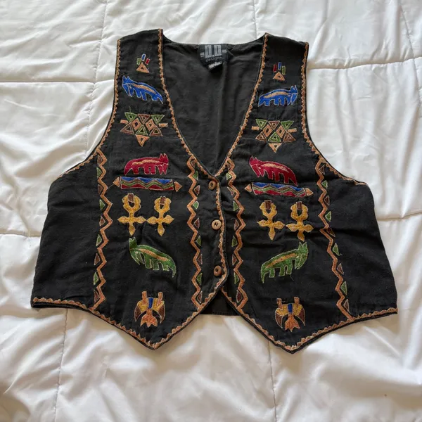 Vintage DD Black Embroidered Tribal Aztec Animal Cotton Vest Medium Boho Y2K 80s - Image 3