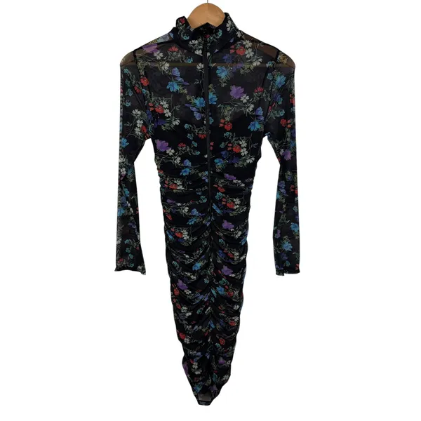Alice + Olivia Delora Floral Black Mesh Ruched Turtleneck Dress Size 4 Romantic‎ - Image 7