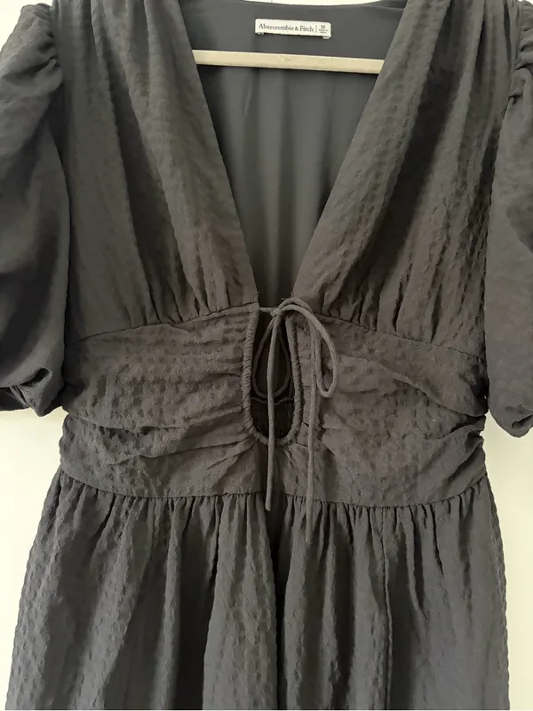 Abercrombie & Fitch Tie Front Textured Puffed Sleeves Maxi Dress Black M - Image 3