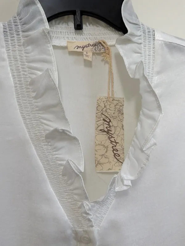 Mystree Ivory Satin Ruffle Neck Blouse Balloon Sleeve Button Down Sz S NWT - Image 2