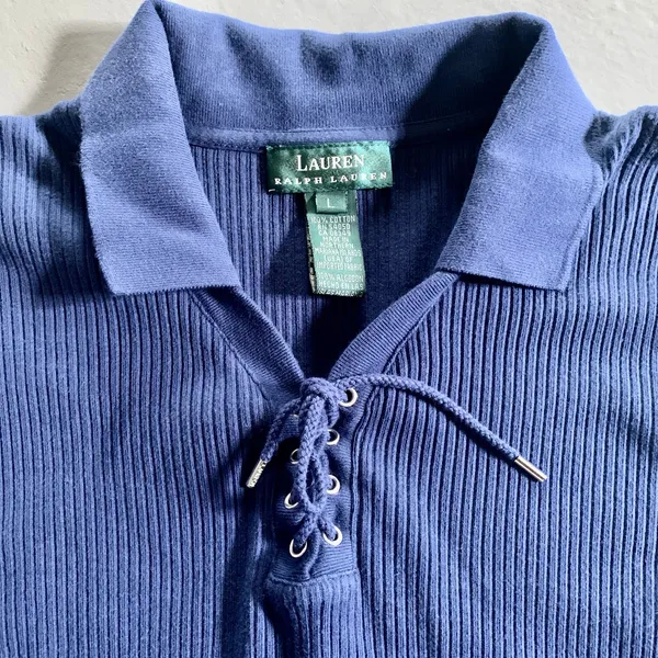 Lauren Ralph Lauren Navy Ribbed Knit Tie-Front Sweater Shirt Size Large - Image 5
