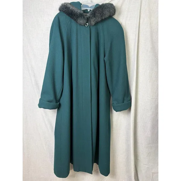 Donnybrook Wool Swing Coat Teal Green Rabbit Fur Trim Hood Vintage 90s Maxi 14 - Image 2