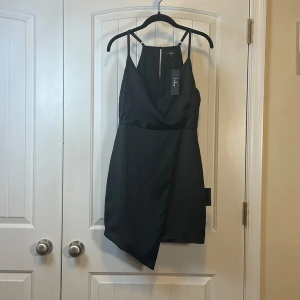 Lulus Black Wrap Mini Dress Surplice Neck Satin Finish Cocktail Party Size M NWT - Image 2