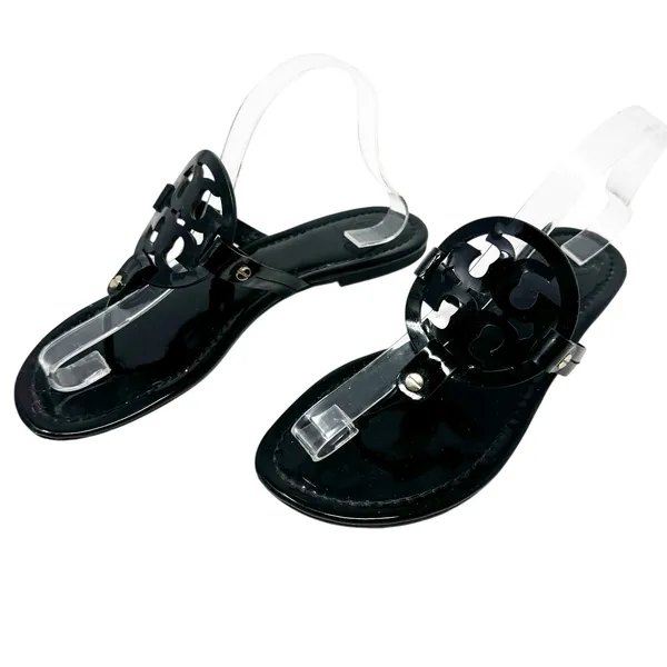 Tory Burch Miller Sandal Black Patent Leather Logo Medallion Thong Flat Size 9 - Image 3