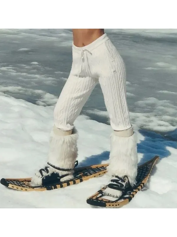 Alo Cable Knit Winter Bliss Pants Ivory High-Rise Waist Chunky Sweater Joggers S - Image 8