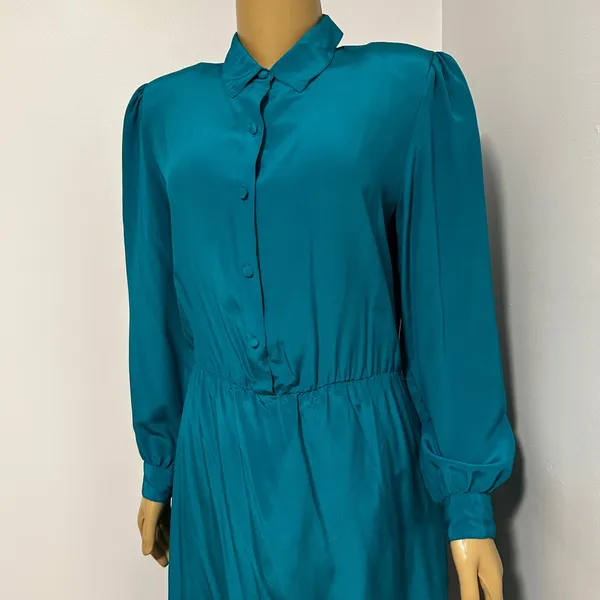 Vintage Tracer Silk Dress Teal Blue Button Front Puff Sleeve Midi‎ Medium 12 - Image 2