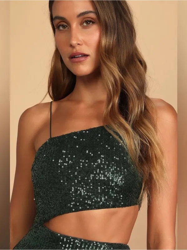 Lulu's Dark Green Sequin Midi Skirt with Side Slit - Image 2