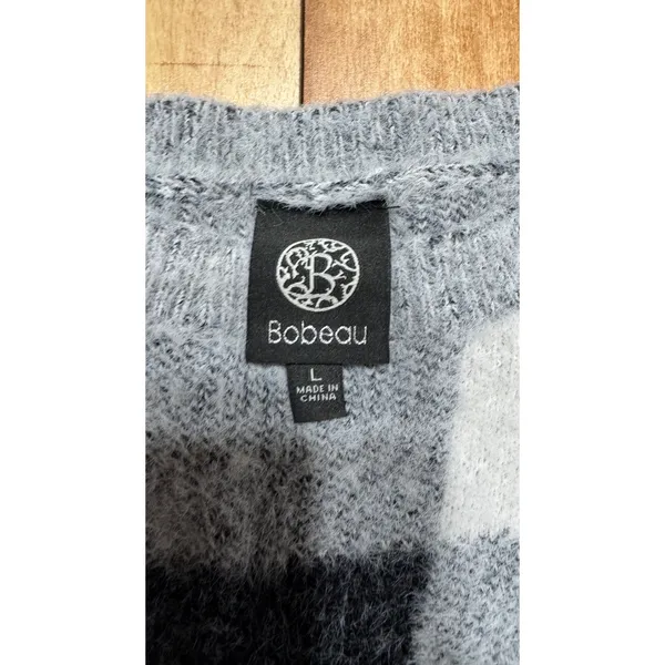 Bobeau Womens Buffalo Plaid Fuzzy Pullover Sweater Black Grey White Size L‎ - Image 2