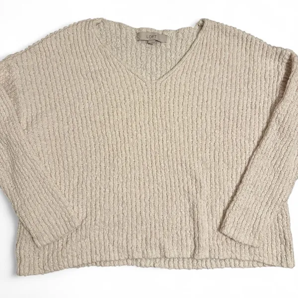 Women’s Loft Light Cream White Casual Long Sleeve V Neck Sweater - Image 2