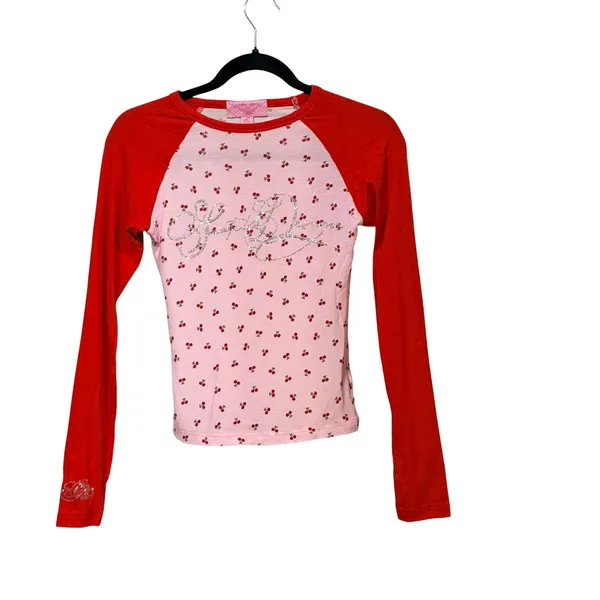 Pink Red Cherry Print Rhinestone Raglan Baseball Tee Small - Image 2