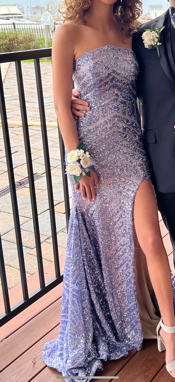 Jovani Chevron Sequin Strapless High Slit Gown - Image 6