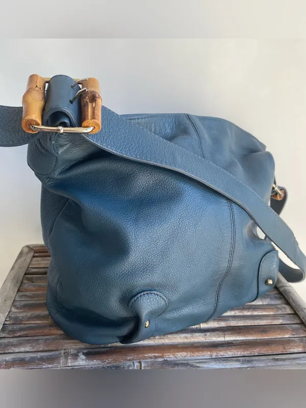 Stone Mountain Osprey blue leather bucket bag shoulder bag bamboo buckles Fall - Image 2