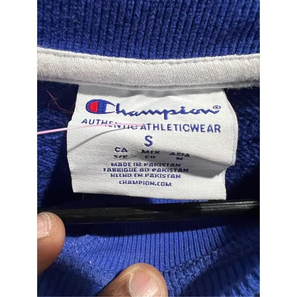 CHAMPION KANSAS JAYHAWKS BLUE BLOCKED LONG SLEEVE CREW SWEATSHIRT cropped Small - Image 4