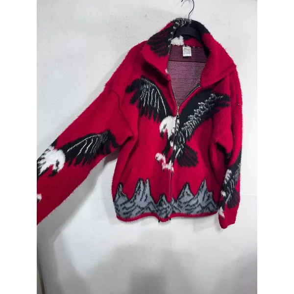 Yarina Womens Medium Red Wool Eagle American Full Zip Fleece Jacket Southwestern - Image 5