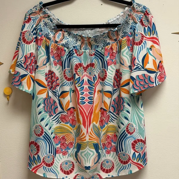 Flying Tomato Floral Bird Blouse L Multicolor Off Shoulder Boho Smocked Bold Top - Image 9