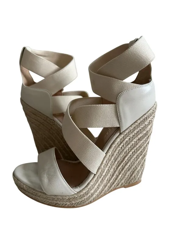 JEAN MICHEL CAZABAT Cream Leather Espadrille Wedges Sandals Size 37 - Image 4