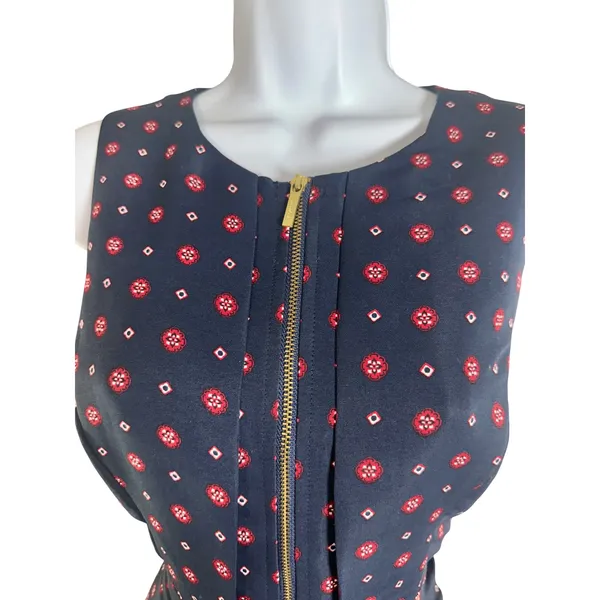 Tommy Hilfiger Navy Blue Red Geometric Floral Front Zip Fit Flare Dress Size 2 - Image 3
