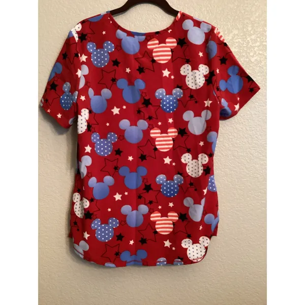 NWT Disney Mickey Mouse Red White Blue Patriotic V-neck Scrub Top American M - Image 3