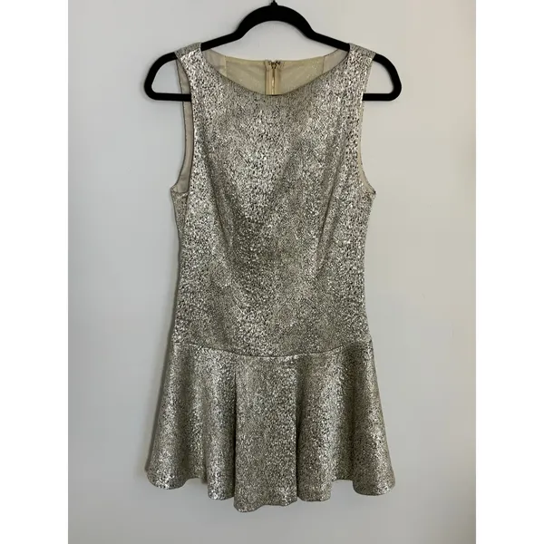 NWT Alice+ Olivia $440 Lora Drop Waist Skater Dress Size M‎ Silver Metallic - Image 3