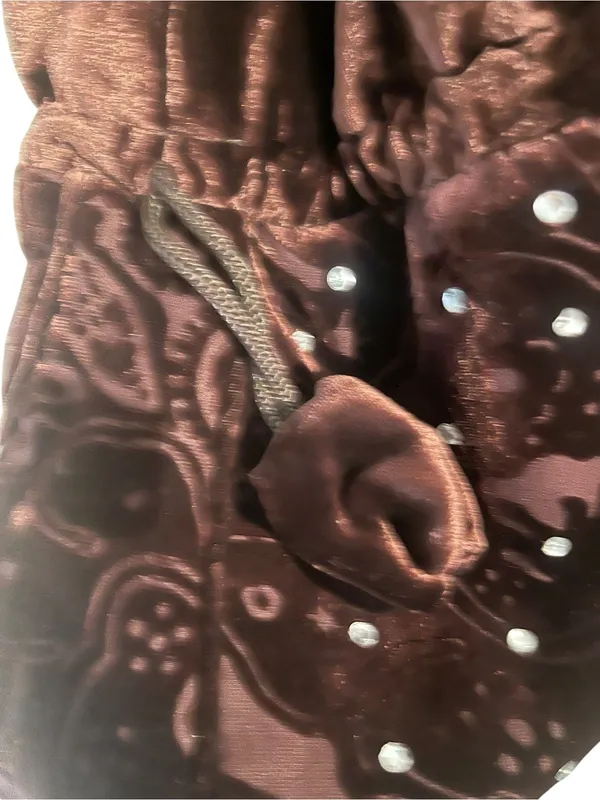 Rich Brown Velvet Drawstring Bucket Bag Ornate Tonal Paisley Rhinestones - Image 7
