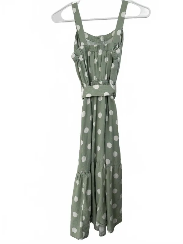 Monteau Linen Blend Polka Dot Midi Dress with Belt Green Size Small - Image 5