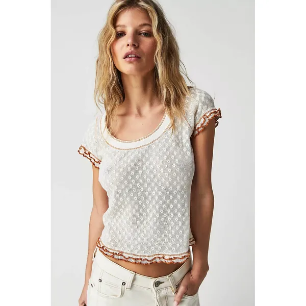 Free People White Garner Tee Pointelle Floral Lettuce Edge Trim Cotton Small - Image 2
