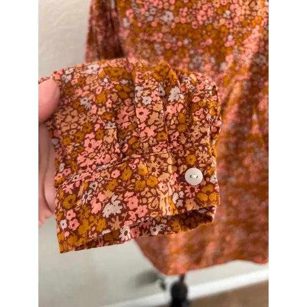 Universal Thread Floral Blouse L Excellent Ruffle Neck Long Sleeve Rust Multi - Image 5