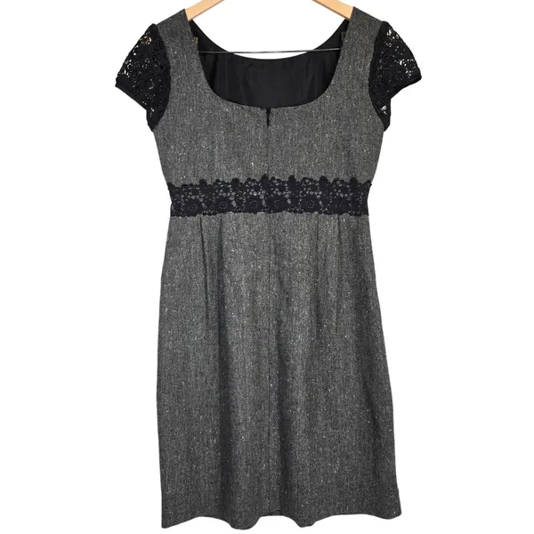 J Crew‎ Tweed Lace Trim Sheath Dress Gray Black Short Sleeve Women 2 Wool Blend - Image 2