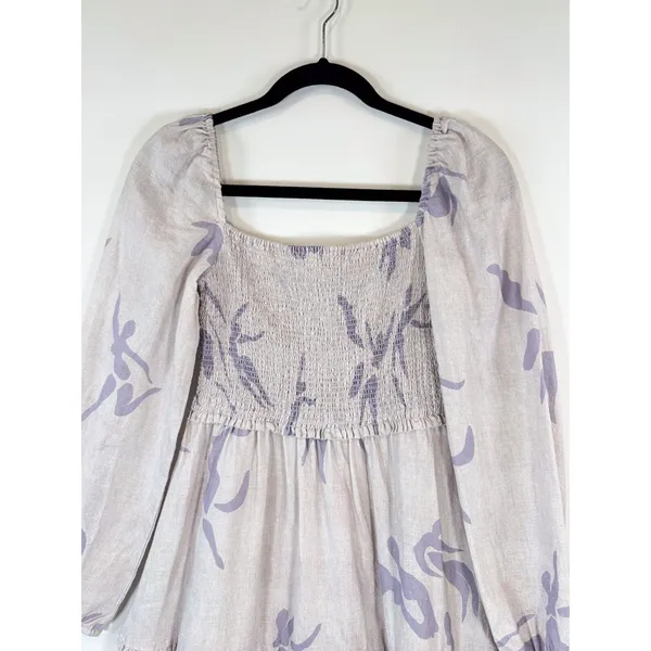 Aritzia Babaton Dress Gray Mini Floral Organic Linen Smocked Babydoll Boho Small - Image 6