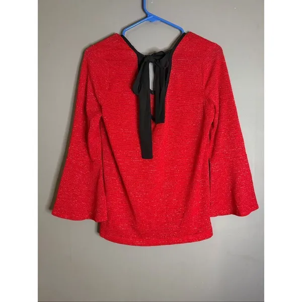 I.N. San Francisco Long Sleeve Bell Sleeve V Neck Bow Back Shirt Size L - Image 6
