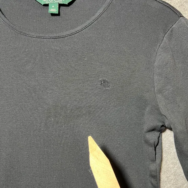 Lauren Ralph Lauren Womens Black Ribbed Cotton Long Sleeve Crew Neck Top Size M - Image 2