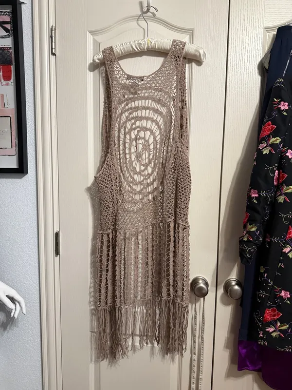 💖 Tan Sheer Open Knit Crochet Fringe‎ Duster Vest Boho Western Festival Hippie - Image 3