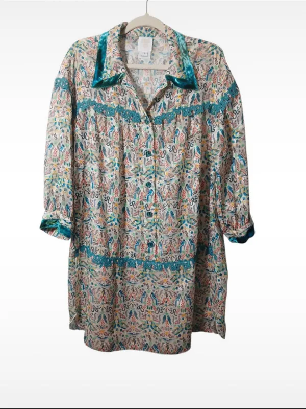 Anna Sui Boho Velvet Trim Printed Tunic Mini Dress - Long Sleeve Button Front L - Image 3