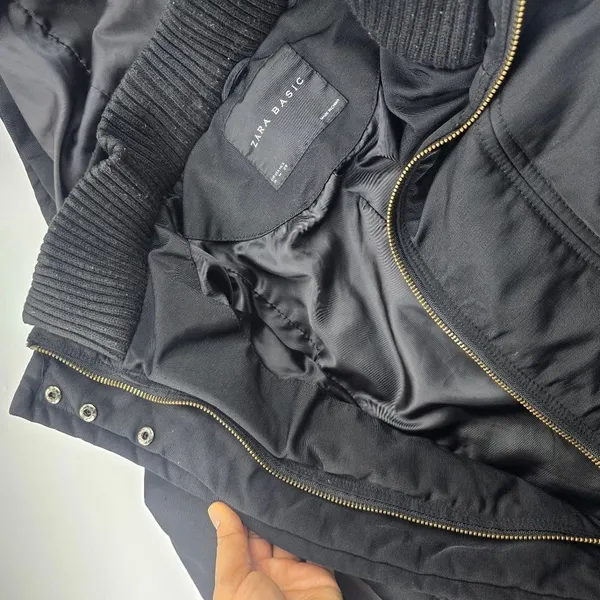 Zara Basic Black‎ Snap Button Pockets Full Zip Belted Lined Hooded Jacket Size M - Image 6