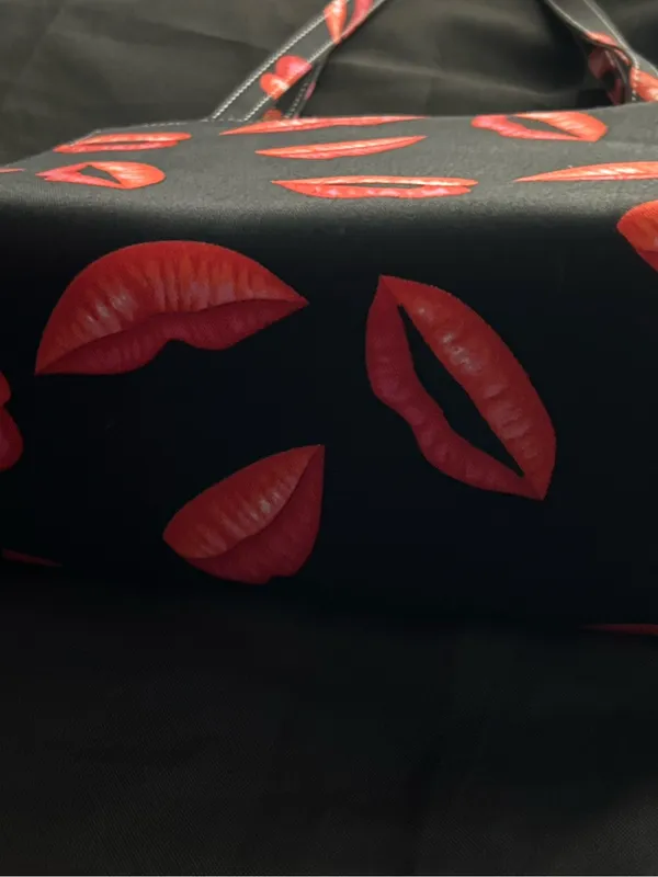 Black Molded Tote Shoulder Hand Bag with Red Lip & Rhinestone Print - Image 13